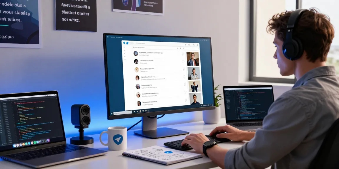 Professional workspace using Telegram Web Version with modern tech and motivational decor.