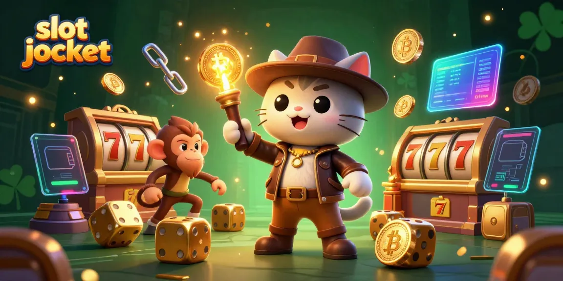 Experience thrill in slot jackpot adventures with a playful cat and monkey amid vibrant casino artifacts.