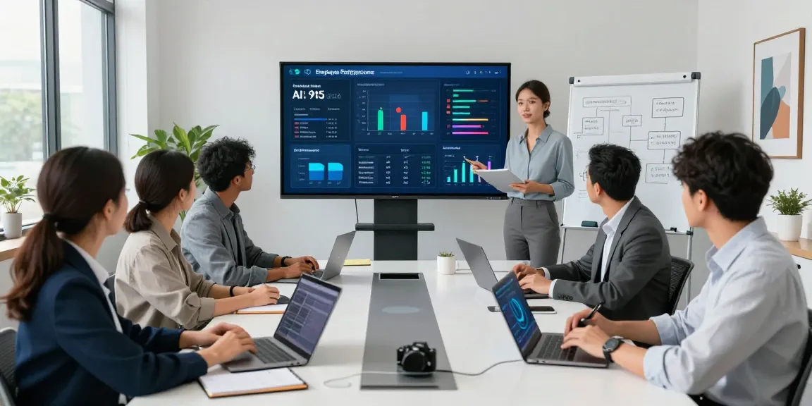 Diverse team collaborating on AI Employee metrics in a modern office