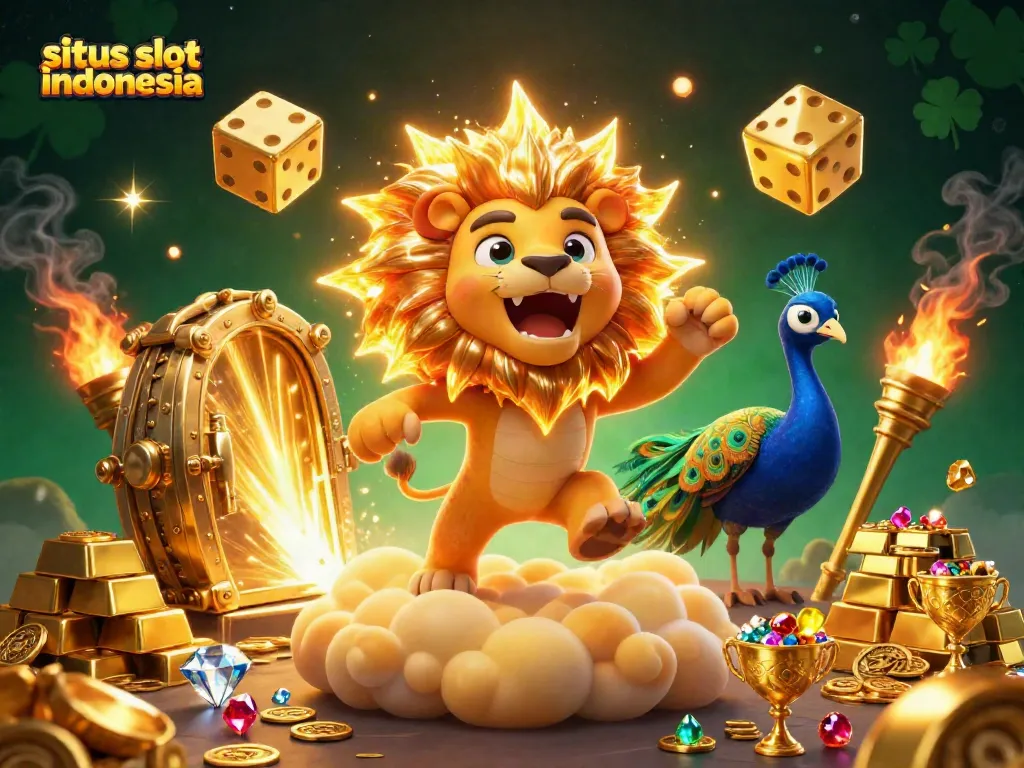 Experience situs slot indonesia with a roaring sun lion amidst golden treasures and dynamic casino action.