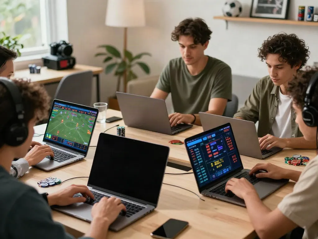 Engaged players using uk88 for online gambling in a modern home setting.