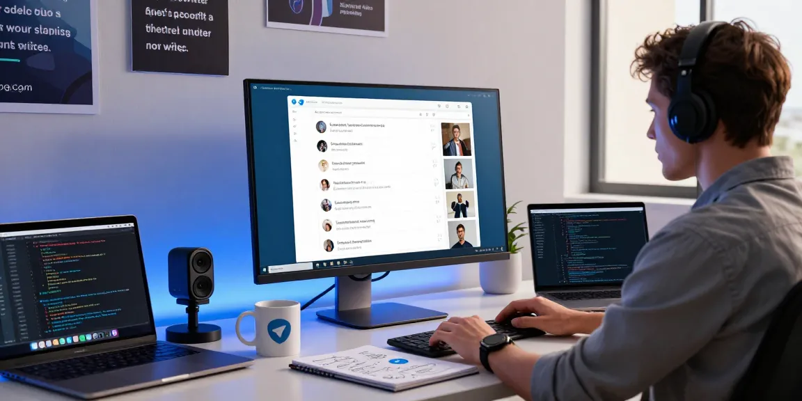 Professional workspace using Telegram Web Version with modern tech and motivational decor.