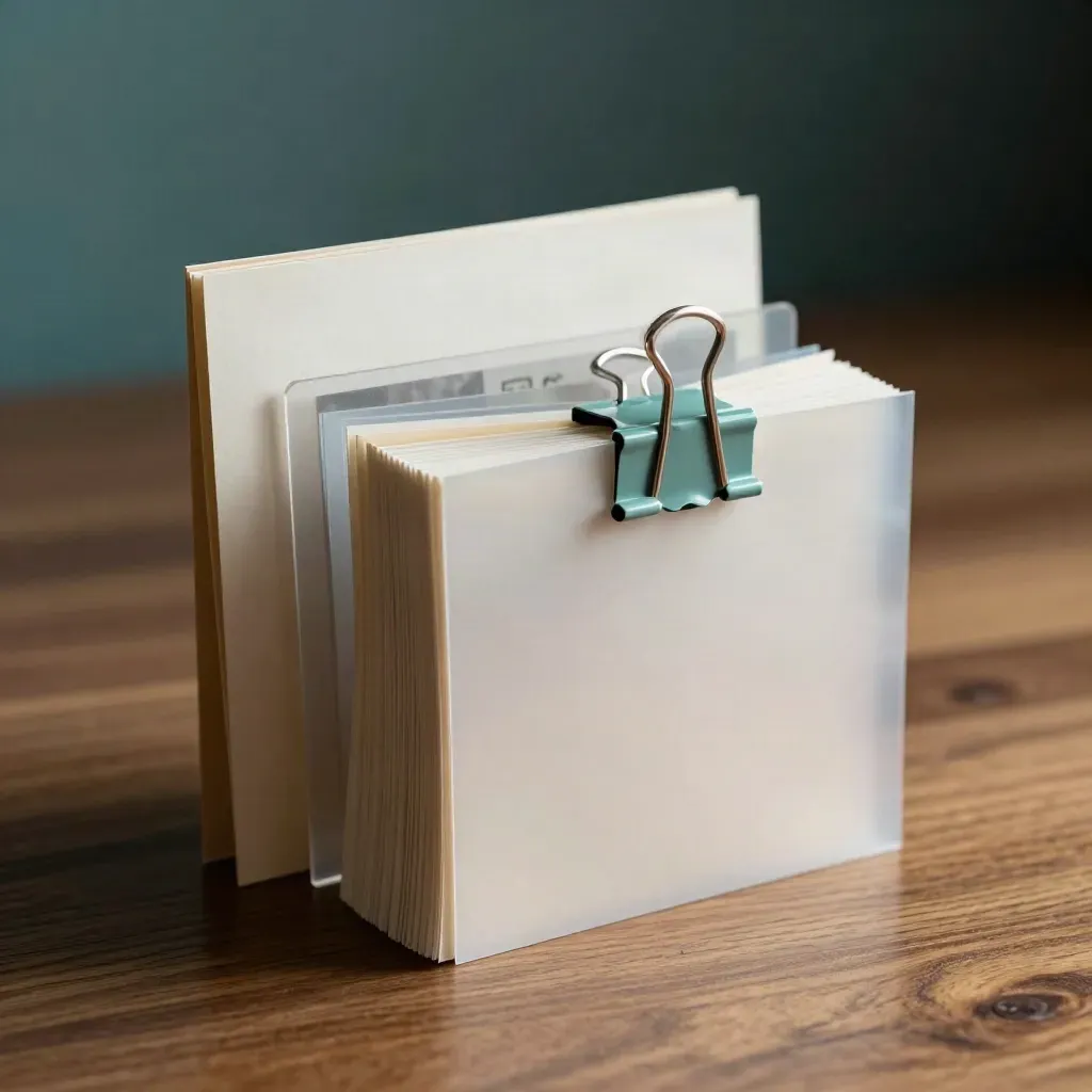 Layered translucent notes bundle clipped on walnut with muted teal accent, side lit macro