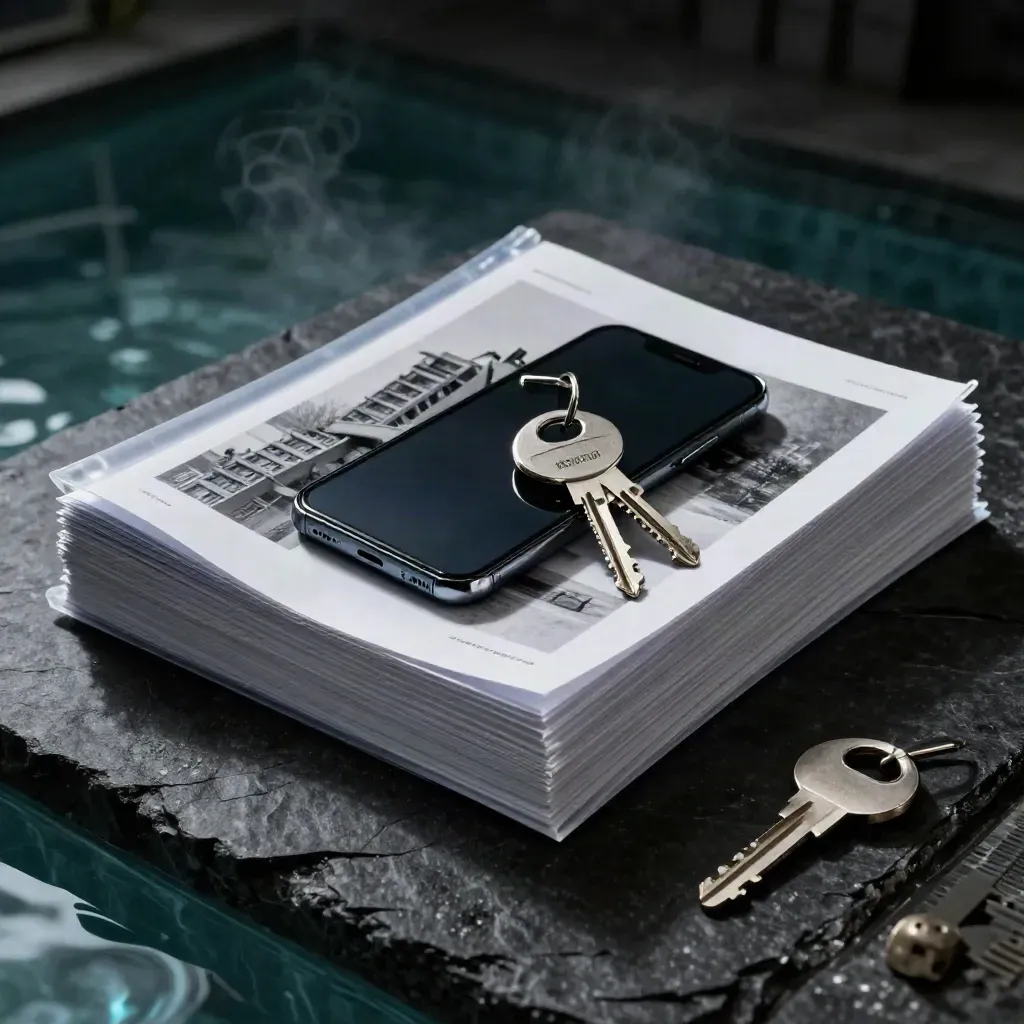 Condo report bundle, phone, key ring and model fragment on black stone with teal light.
