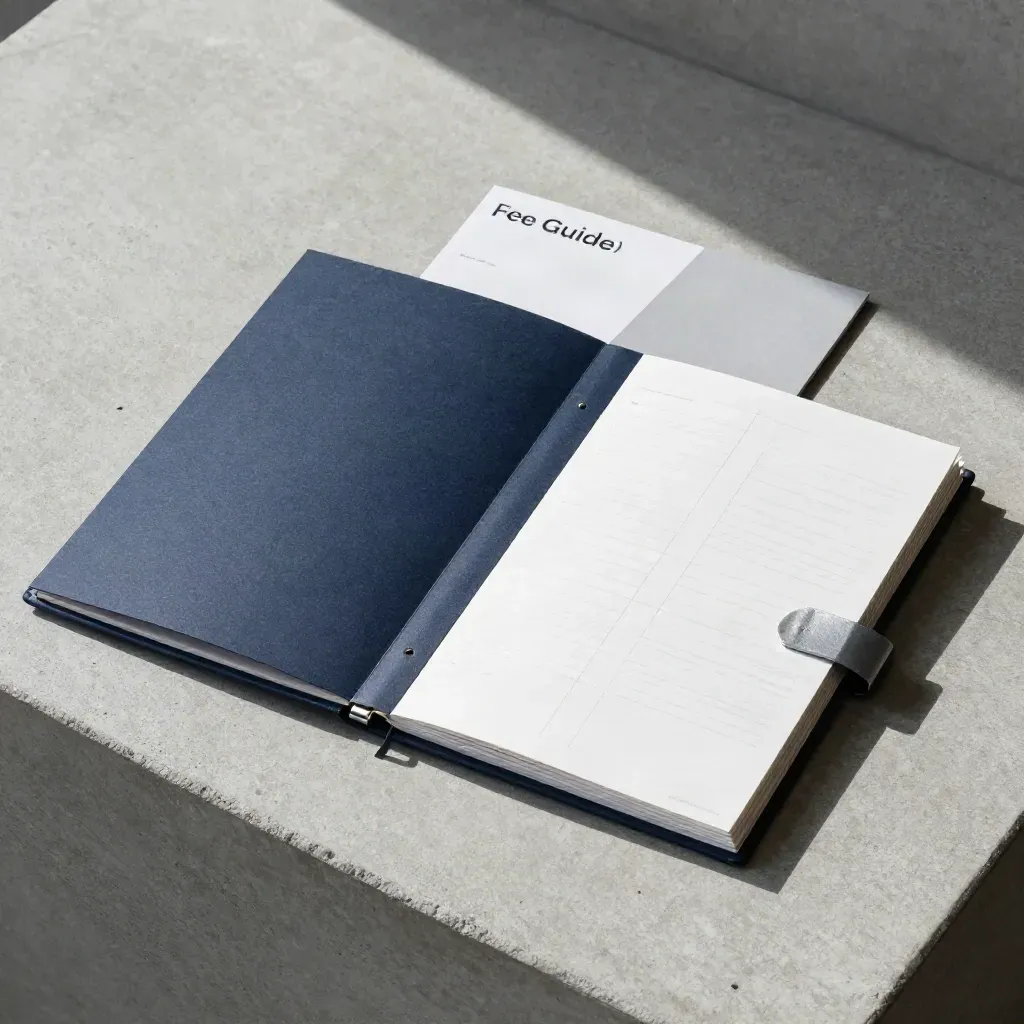 Overhead flatlay of a Calgary condo fee guide folder with dividers on concrete.