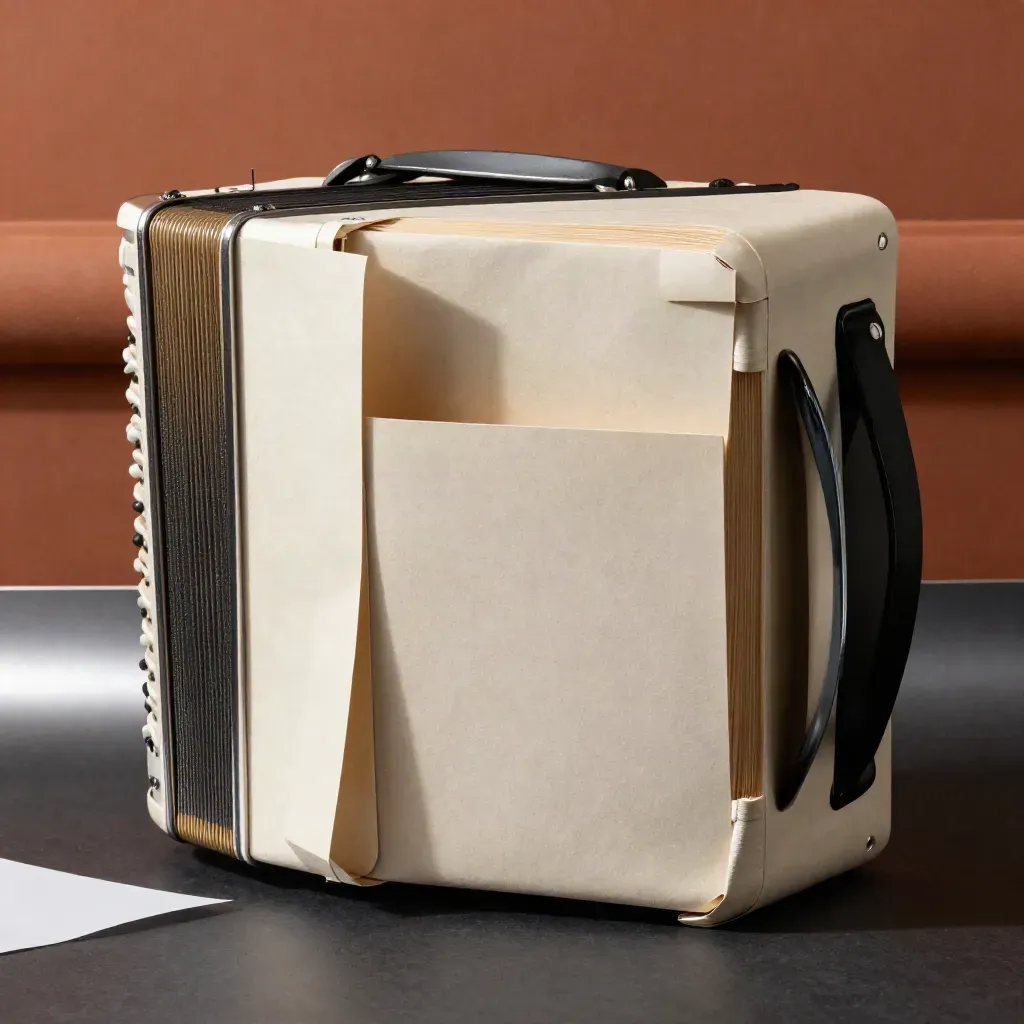 Macro of an accordion file pack with layered pockets and a phone edge on terracotta plaster.