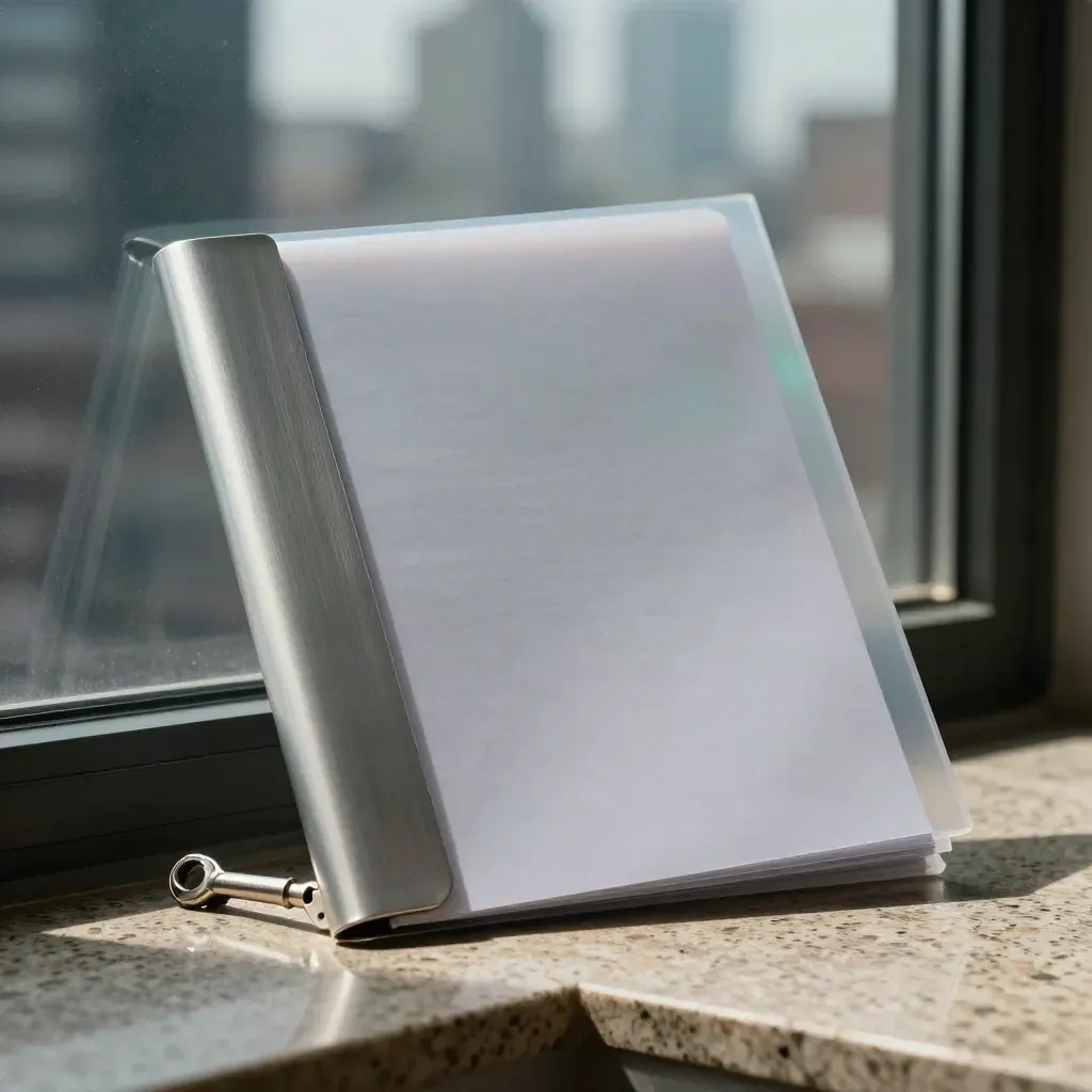 Travertine condo folio with folded sleeve and silver clip in hazy Montreal light.