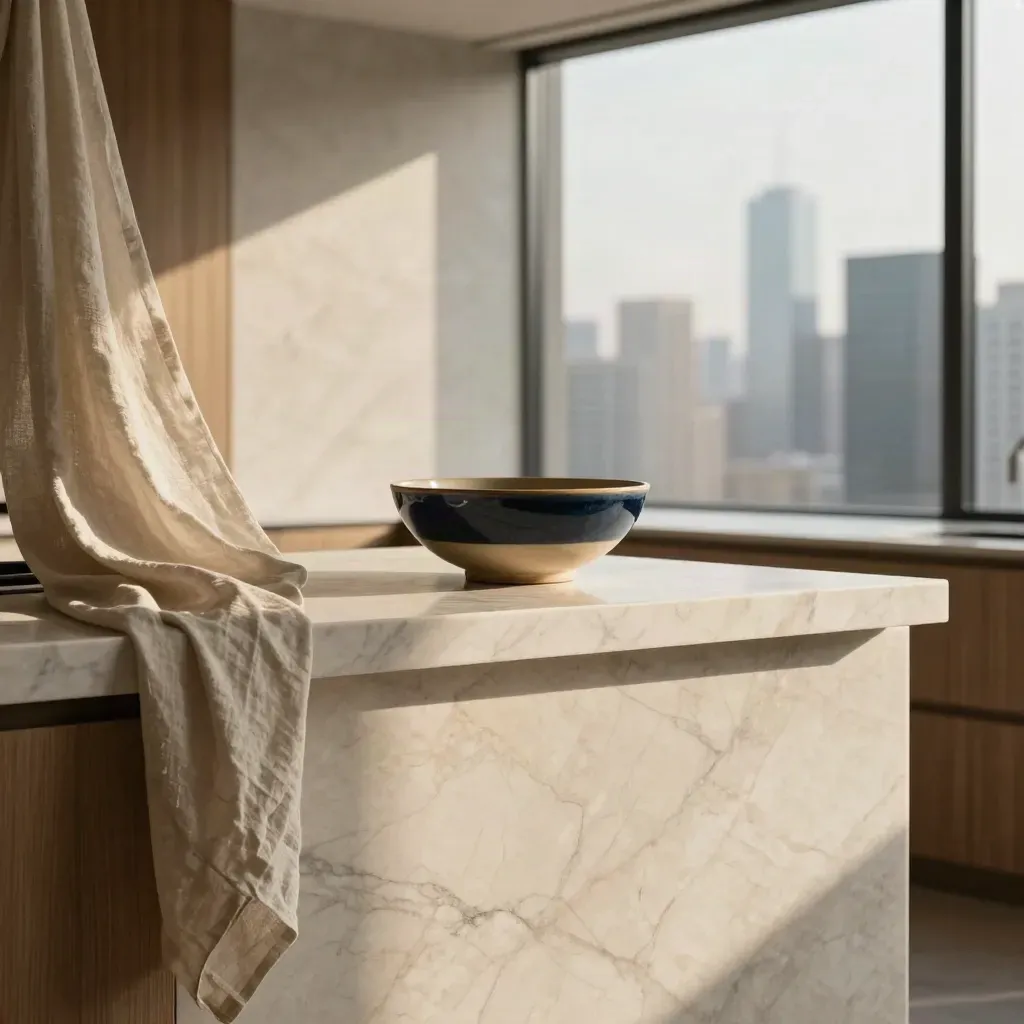 Marble condo island with linen drape, warm bowl, and blurred skyline above calm copy space