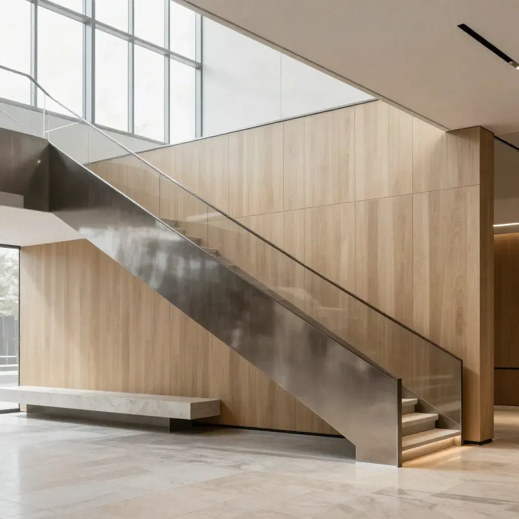 Sunlit condo lobby corner with pale oak panels, stair rail, and a high window grid.