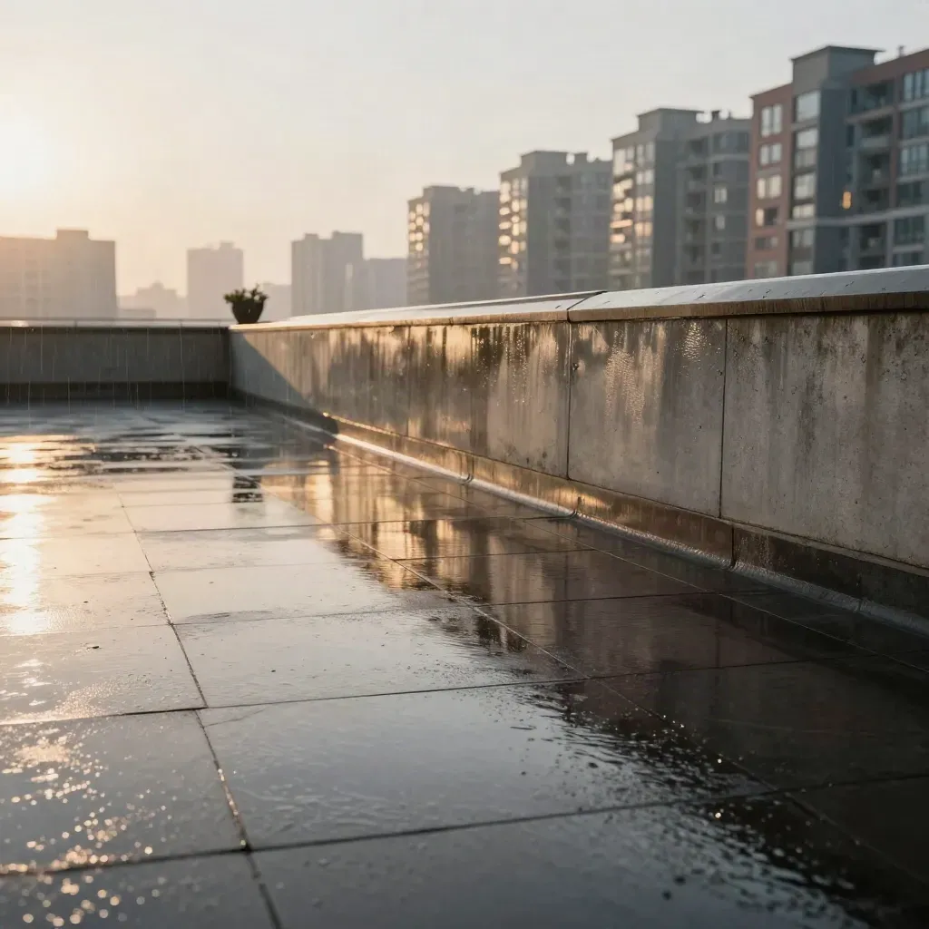 Wet rooftop terrace at sunset with skyline haze and reflective puddles