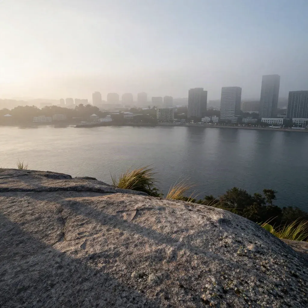 Foggy harbor overlook with condo towers, open water, and calm misty foreground.