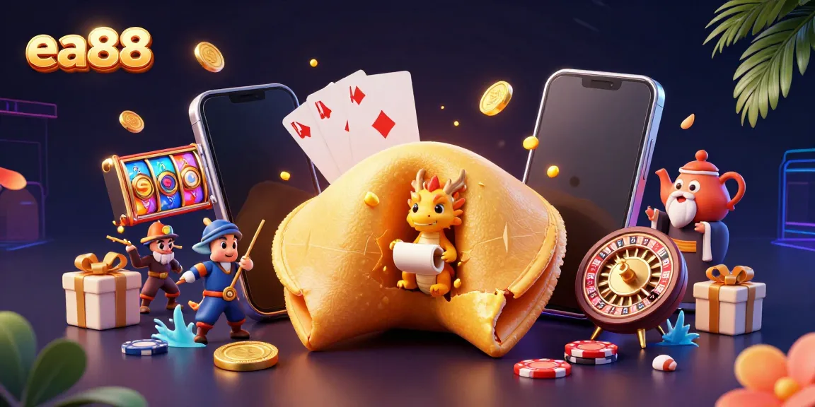 Engage with ea88's vibrant gaming universe featuring a golden fortune cookie, wise dragon, and dynamic casino elements.