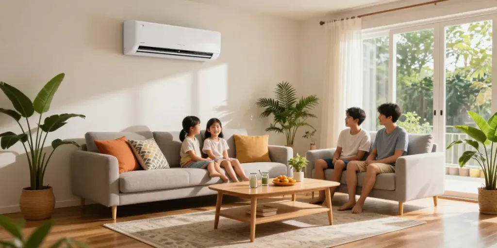 Ductless air conditioner cooling a stylish living room, family enjoying comfort in bright summer atmosphere.