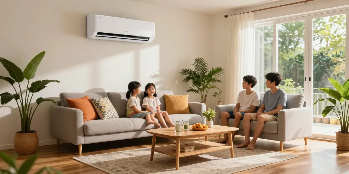 Ductless air conditioner cooling a stylish living room, family enjoying comfort in bright summer atmosphere.