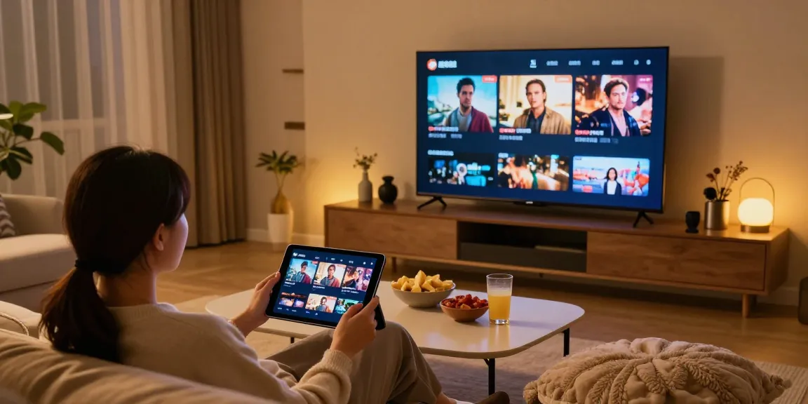 Enjoying a movie night with Moviebox app, showcasing cozy living room.