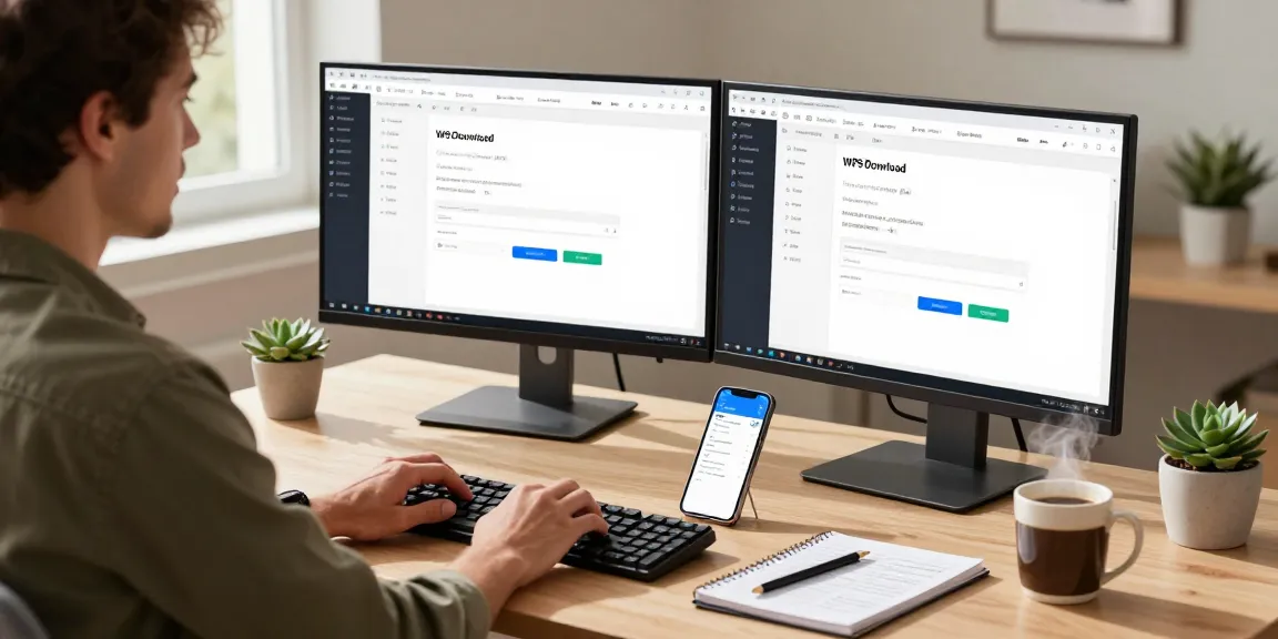 WPS Download interface displayed on dual monitors in a modern home office setup, showcasing dynamic tech productivity.