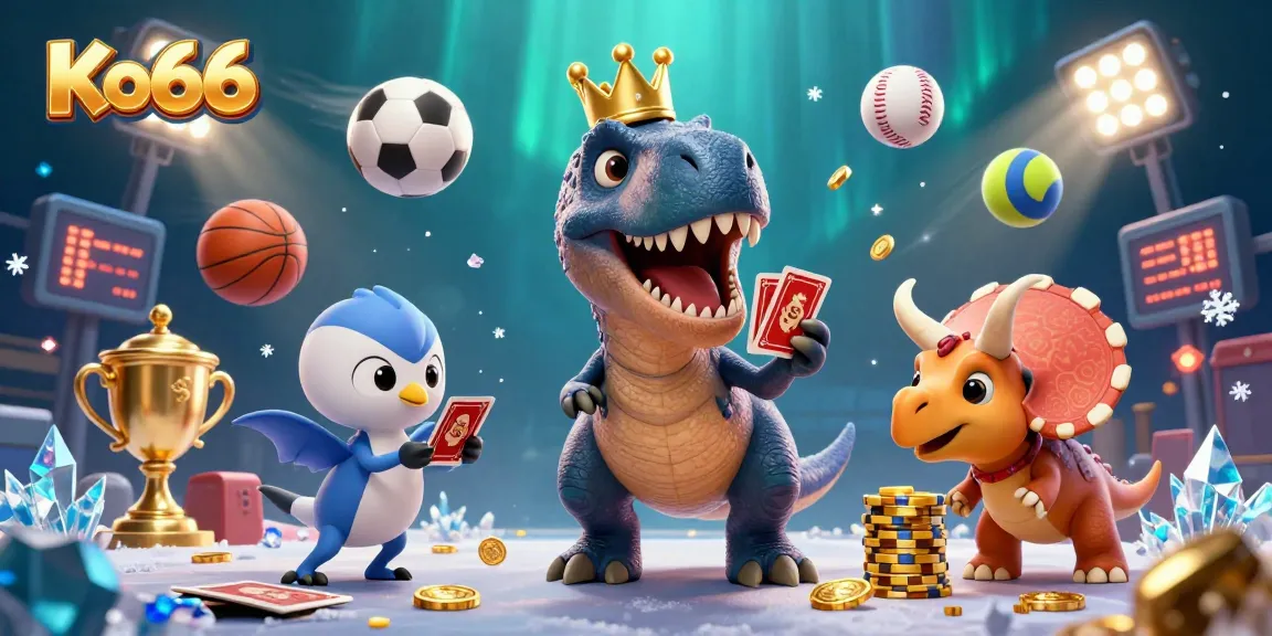Engage with Ko66's dynamic gambling scene featuring a T-Rex, pterodactyl, and triceratops in action!