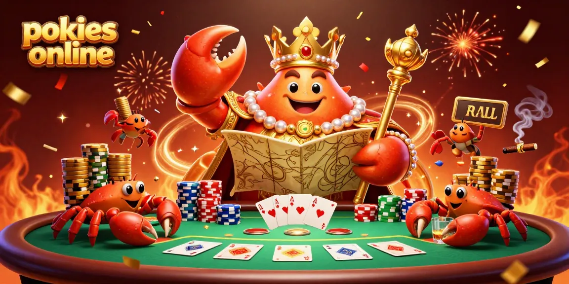 Experience pokies online with a golden crab emperor surrounded by vibrant casino elements.